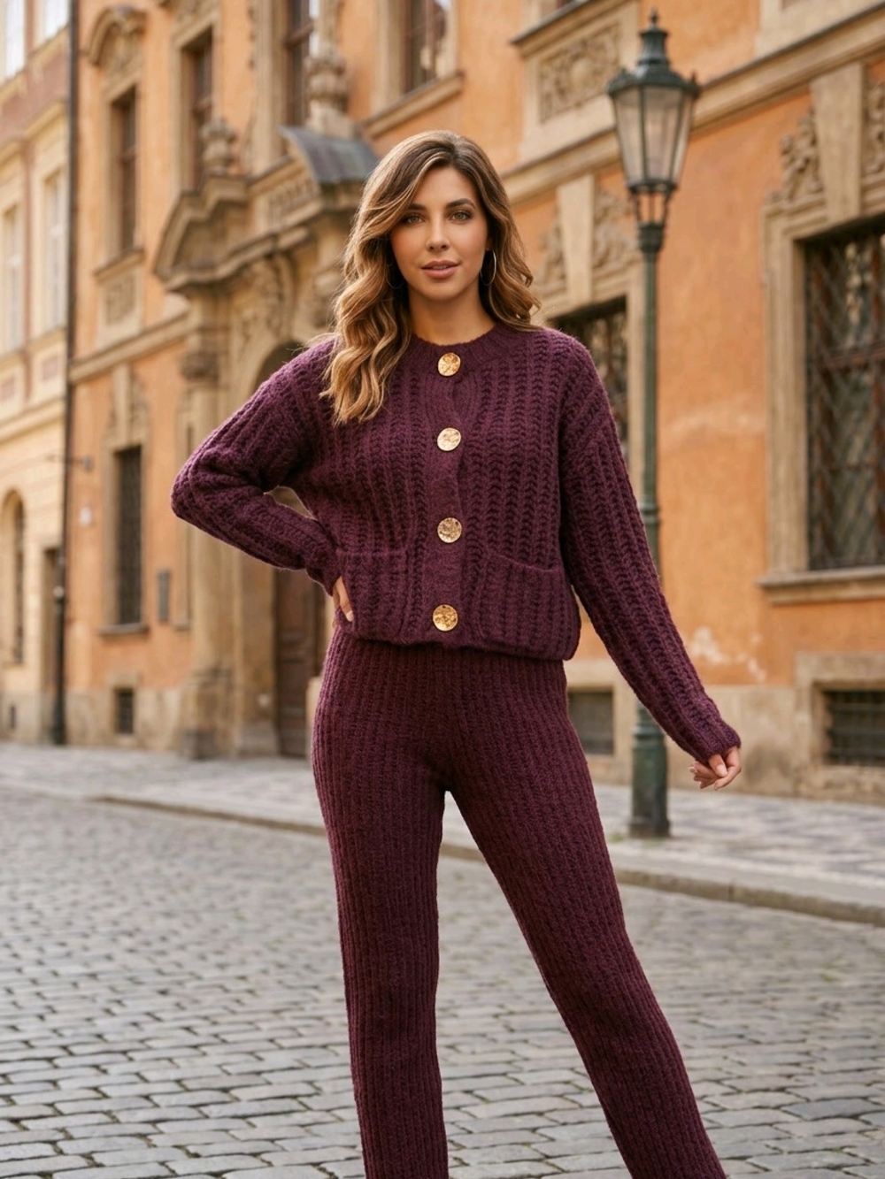 Chunky Knit Cardigan with Gold Buttons - Wine - Picture 7 of 9